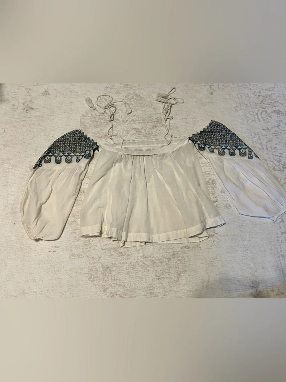 Free People Boho White Off-Shoulder Tunic with Teal Embroidery